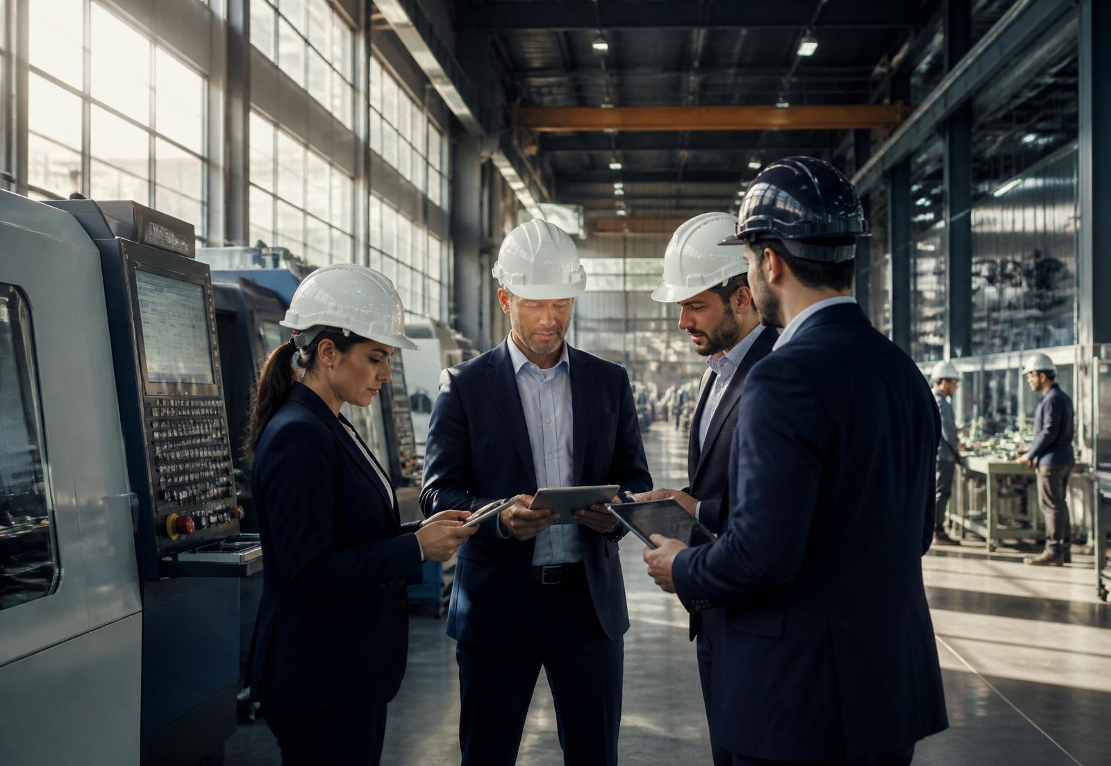 Ejecutivos e ingenieros en planta industrial