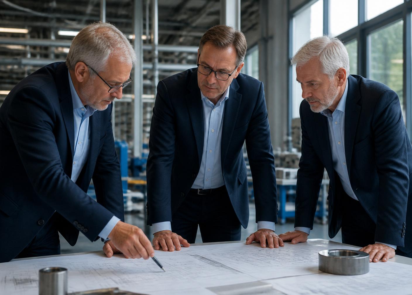Socios y ejecutivos revisando planos de ingeniería